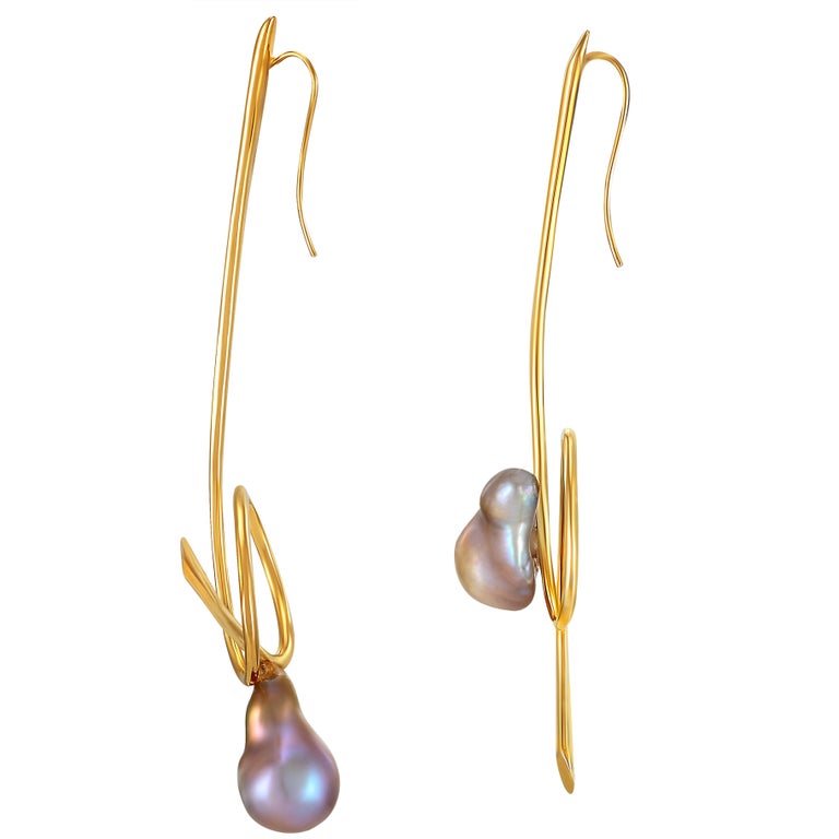 Yemyungji Baroque Pearls 18 Karat Yellow Gold Line Drop Earrings